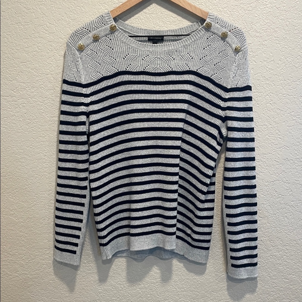 Talbots Nautical Stripe Sweater XL Navy Gray Cotton Knit Coastal Button Shoulder - Picture 2 of 7